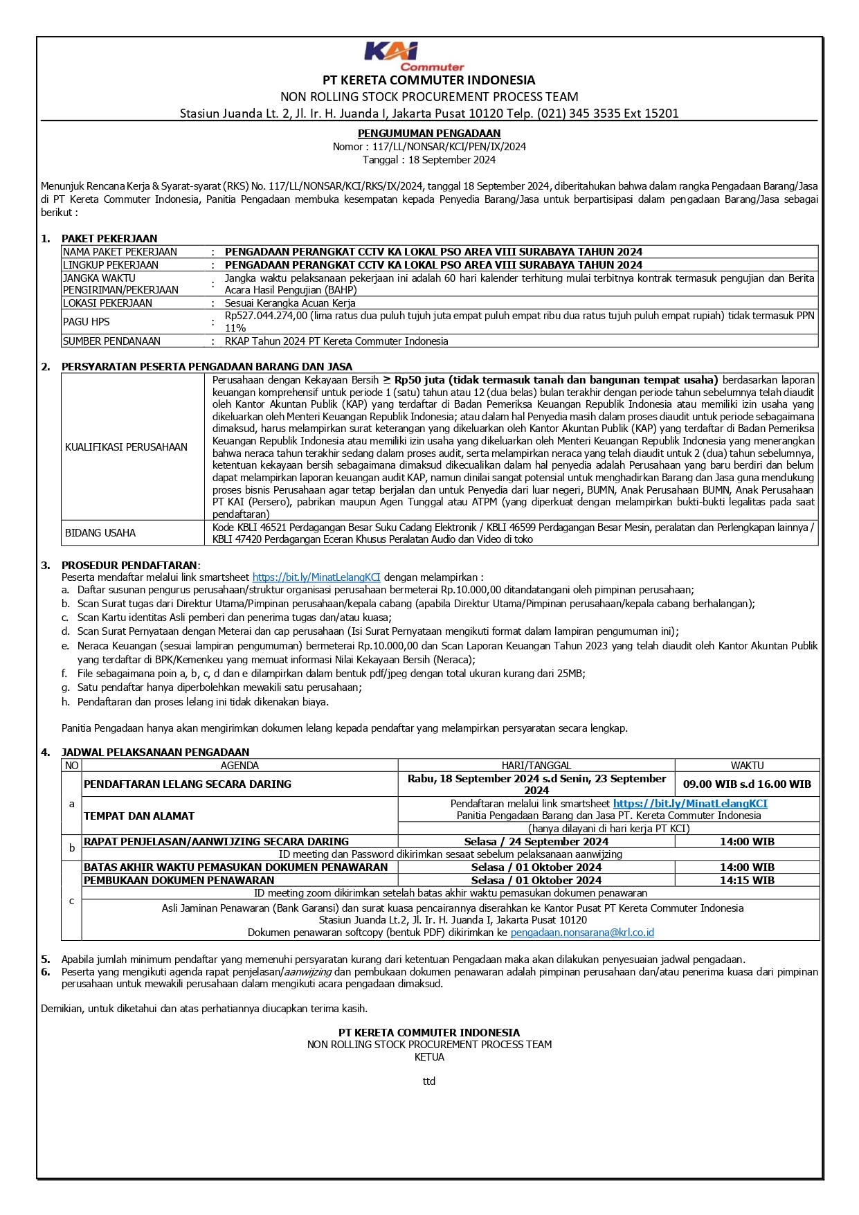 2 pengumuman 117 pengadaan perangkat cctv ka lokal pso area viii surabaya tahun 2024